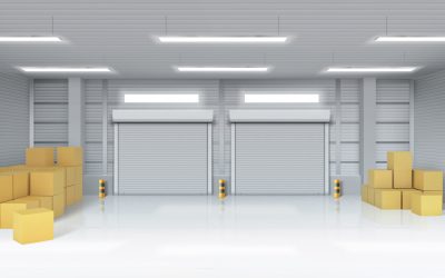 Warehouse interior with closed gates and cardboard boxes. Vector realistic illustration of empty storage room in store, factory or workshop with rolling shutter on doors